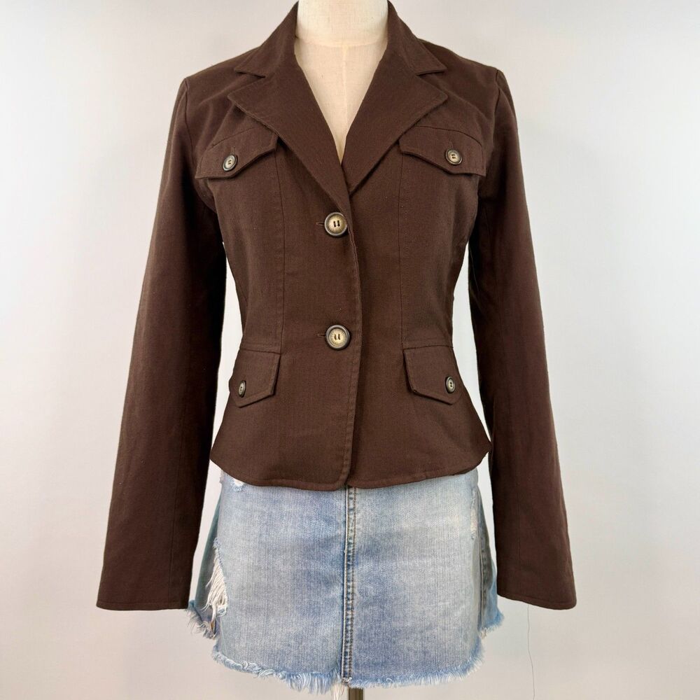 Vintage Y2K Brown Button Up Collared Blazer Jacket Utility Boho Office Siren 4
